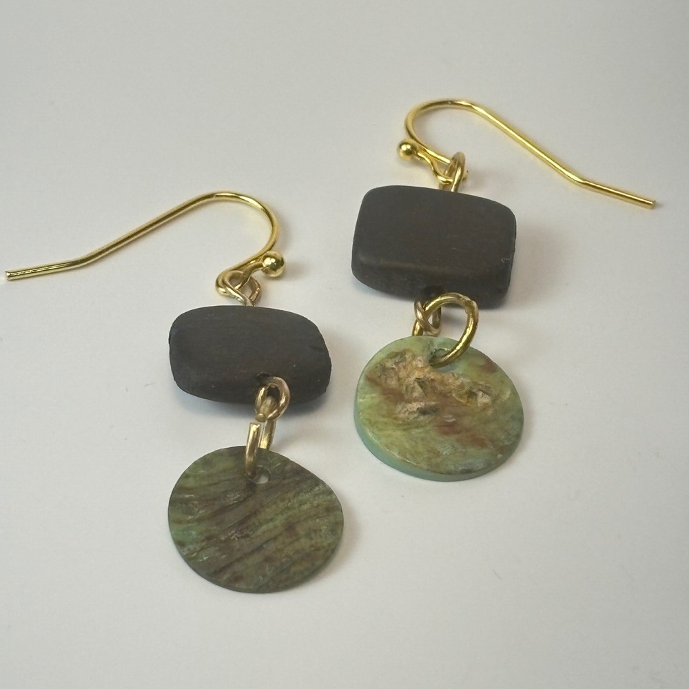 Vintage Handmade Drop Earrings Brown Green Shell Wood Boho Whimsygoth Statement